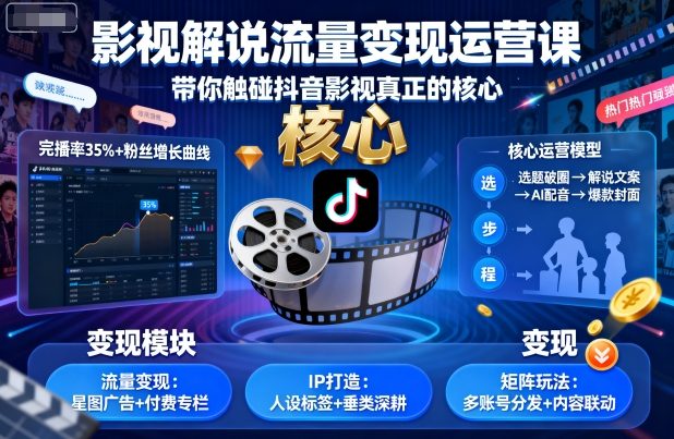 影视解说流量变现运营课，带你触碰抖音影视真正的核心-低成本创业项目大全｜短视频带货+AI副业变现｜知行创业网