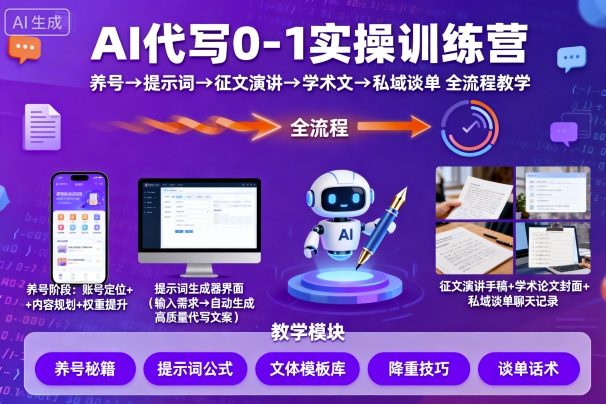 AI代写0-1实操训练营,从养号、提示词、征文演讲、学术文,到私域谈单的全流程教学-低成本创业项目大全|短视频带货+AI副业变现|知行创业网
