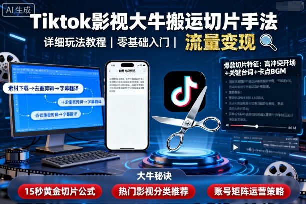 Tiktok影视大牛搬运切片手法，详细玩法教程-低成本创业项目大全｜短视频带货+AI副业变现｜知行创业网