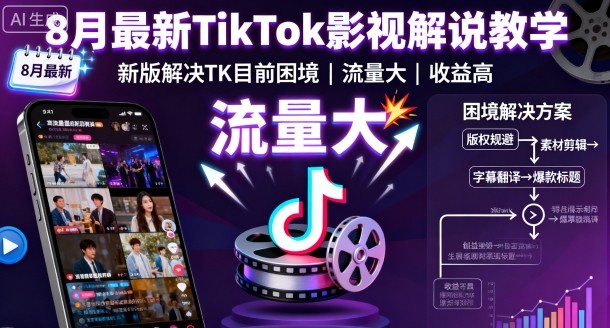 8月最新TikTok影视解说教学，新版解决TK目前困境，流量大，收益高-低成本创业项目大全｜短视频带货+AI副业变现｜知行创业网