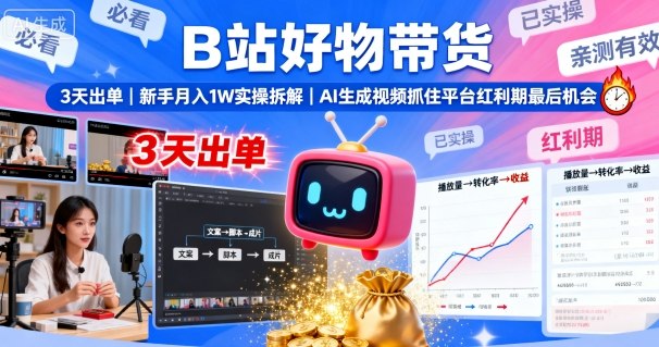 B站好物带货，3天出单，新手月入1W实操拆解，AI生成视频，抓住平台红利期最后机会-低成本创业项目大全｜短视频带货+AI副业变现｜知行创业网