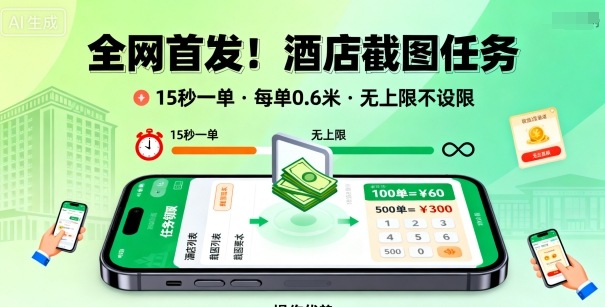 全网首发！酒店截图任务，15秒一单，每单0.6米，任务无上限不设限，矩阵操作单日3张到手【揭秘】-低成本创业项目大全｜短视频带货+AI副业变现｜知行创业网