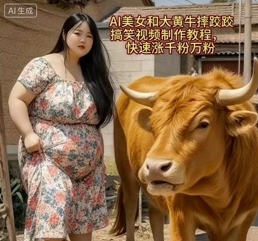AI美女和大黄牛摔跤搞笑荒诞视频制作教程，快速涨千粉万粉-低成本创业项目大全｜短视频带货+AI副业变现｜知行创业网