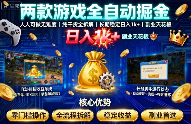 两款游戏全自动掘金，人人可做无难度，纯干货全拆解，长期稳定，日入1k+，副业天花板【揭秘】-低成本创业项目大全｜短视频带货+AI副业变现｜知行创业网