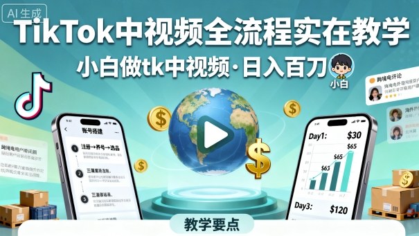 TikTok中视频全流程实操教学，小白做tk中视频，日入百刀-低成本创业项目大全｜短视频带货+AI副业变现｜知行创业网