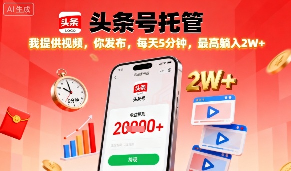 【头条号托管】我提供视频，你发布，每天5分钟，最高躺入2W+【揭秘】-低成本创业项目大全｜短视频带货+AI副业变现｜知行创业网