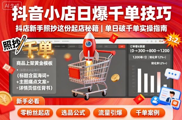 抖音小店日爆千单技巧，抖店新手照抄这份起店秘籍，单日破千单-低成本创业项目大全｜短视频带货+AI副业变现｜知行创业网