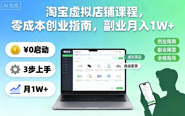 淘宝虚拟店铺课程，零成本创业指南，副业月入1W+-低成本创业项目大全｜短视频带货+AI副业变现｜知行创业网