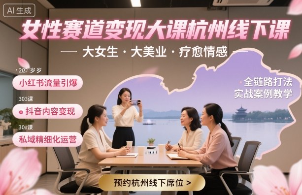 女性赛道变现大课杭州线下，大女生，大美业，疗愈情感，一套小红书、抖音、私域全链路打法-低成本创业项目大全｜短视频带货+AI副业变现｜知行创业网