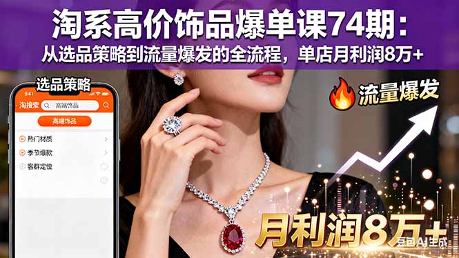 （16351期）淘系高价饰品爆单课74期：从选品策略到流量爆发的全流程，单店月利润8万+-低成本创业项目大全｜短视频带货+AI副业变现｜知行创业网