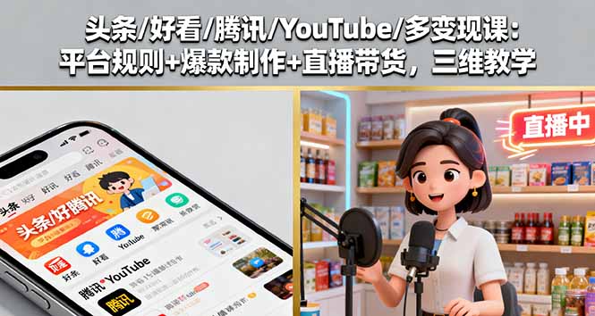 （16147期）头条/好看/腾讯/YouTube/多变现课：平台规则+爆款制作+直播带货，三维教学-低成本创业项目大全｜短视频带货+AI副业变现｜知行创业网