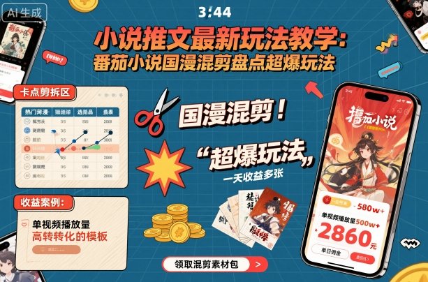 小说推文最新玩法教学，番茄小说国漫混剪盘点超爆玩法，全程干货，一天收益多张-低成本创业项目大全｜短视频带货+AI副业变现｜知行创业网