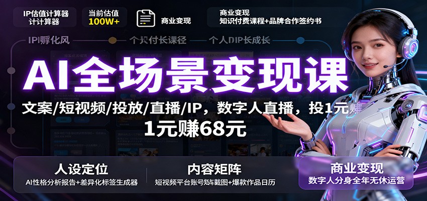 AI全场景变现课：文案/短视频/投放/直播/IP，数字人直播，投1元赚68元-低成本创业项目大全｜短视频带货+AI副业变现｜知行创业网