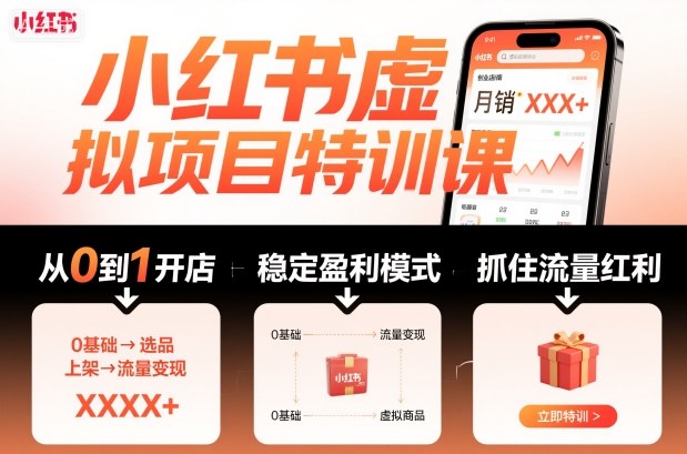 小红书虚拟项目特训课，帮你从0到1打造稳定盈利的店铺，抓住流量红利（更新9月）-低成本创业项目大全｜短视频带货+AI副业变现｜知行创业网