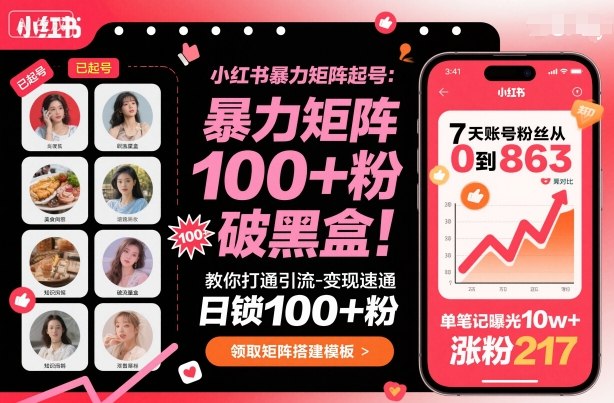 小红书暴力矩阵起号，教你打通引流-变现速通，日锁100+粉，破流量黑盒-低成本创业项目大全｜短视频带货+AI副业变现｜知行创业网