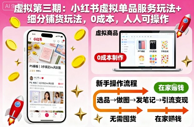 虚拟第三期：小红书虚拟单品服务玩法+细分铺货玩法，0成本，人人可操作-低成本创业项目大全｜短视频带货+AI副业变现｜知行创业网