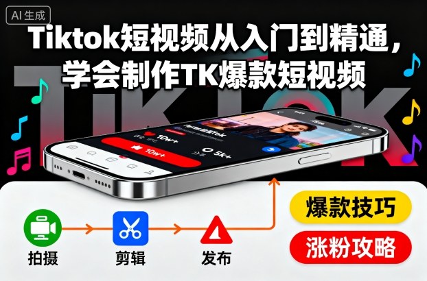 Tiktok短视频从入门到精通，学会制作TK爆款短视频-低成本创业项目大全｜短视频带货+AI副业变现｜知行创业网