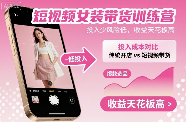 短视频女装带货训练营，投入少风险低，收益天花板高-低成本创业项目大全｜短视频带货+AI副业变现｜知行创业网