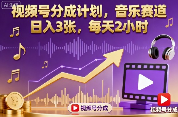 视频号分成计划，音乐赛道，日入3张，每天2小时-低成本创业项目大全｜短视频带货+AI副业变现｜知行创业网