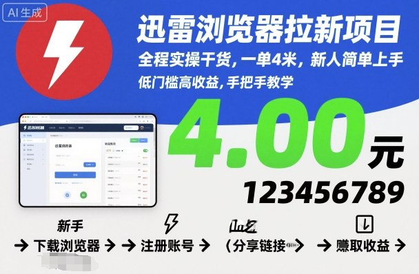 迅雷浏览器拉新项目，全程实操干货，一单4米，新人简单上手-低成本创业项目大全｜短视频带货+AI副业变现｜知行创业网