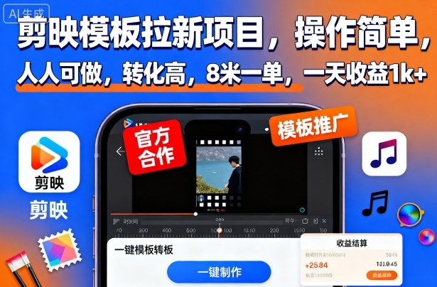 剪映模板拉新项目，操作简单，人人可做，转化高，8米一单，一天收益1k+-低成本创业项目大全｜短视频带货+AI副业变现｜知行创业网