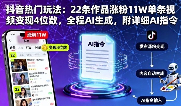 抖音热门玩法：22条作品涨粉11W单条视频变现4位数，全程AI生成，附详细AI指令-低成本创业项目大全｜短视频带货+AI副业变现｜知行创业网