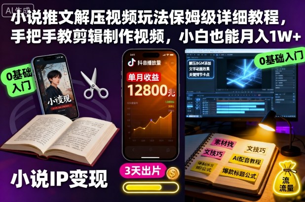 小说推文解压视频玩法保姆级详细教程，手把手教剪辑制作视频，小白也能月入1W+-低成本创业项目大全｜短视频带货+AI副业变现｜知行创业网