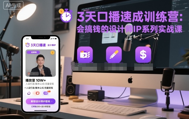 3天口播速成训练营，会搞钱的设计师IP系列实战课-低成本创业项目大全｜短视频带货+AI副业变现｜知行创业网