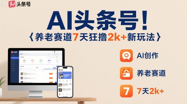 AI头条号，7天狂撸2k+，做养老赛道，新风口新玩法-低成本创业项目大全｜短视频带货+AI副业变现｜知行创业网