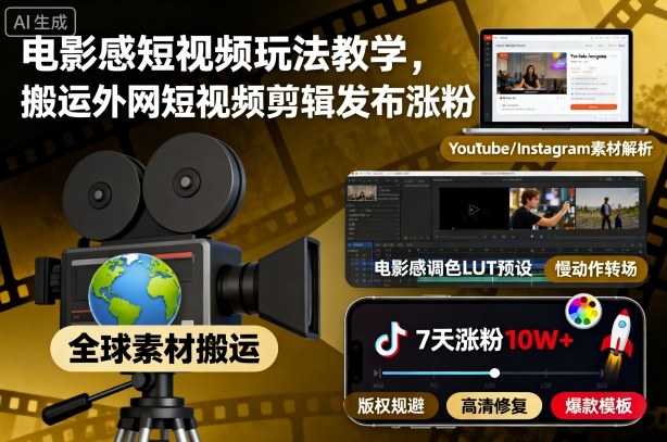 电影感短视频玩法教学，搬运外网短视频剪辑发布涨粉-低成本创业项目大全｜短视频带货+AI副业变现｜知行创业网