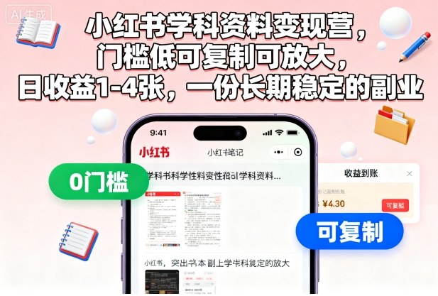 小红书学科资料变现营，门槛低可复制可放大，日收益1-4张，一份长期稳定的副业-低成本创业项目大全｜短视频带货+AI副业变现｜知行创业网
