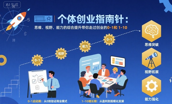 个体创业指南针，思维、视野、能力的综合提升带你走过创业的0-1和1-10【音频】-低成本创业项目大全｜短视频带货+AI副业变现｜知行创业网