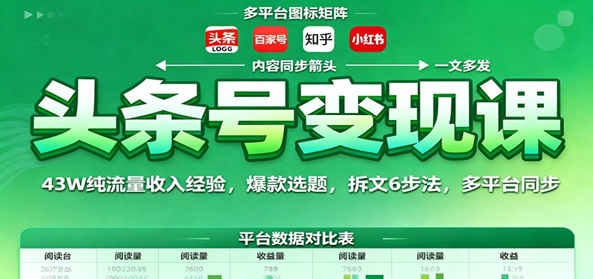头条号变现课：43W纯流量收入经验，爆款选题，拆文6步法，多平台同步-低成本创业项目大全｜短视频带货+AI副业变现｜知行创业网