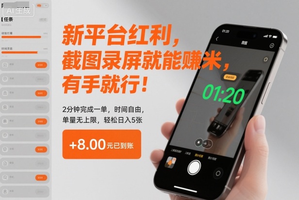 新平台红利，截图录屏就能賺米，有手就行！2分钟完成一单，时间自由，单量无上限，轻松日入5张【揭秘】-低成本创业项目大全｜短视频带货+AI副业变现｜知行创业网