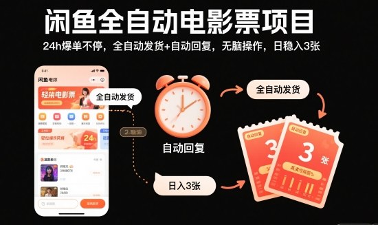 闲鱼全自动电影票项目，24h爆单不停，全自动发货+自动回复，无脑操作，日稳入3张【揭秘】-低成本创业项目大全｜短视频带货+AI副业变现｜知行创业网