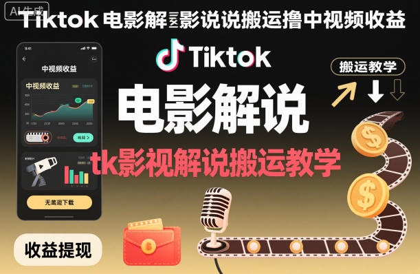 Tiktok电影解说搬运撸中视频收益,tk影视解说搬运教学-低成本创业项目大全|短视频带货+AI副业变现|知行创业网