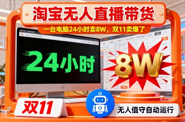 淘宝无人直播带货，一台电脑214小时卖8W，双11卖爆了【揭秘】-低成本创业项目大全｜短视频带货+AI副业变现｜知行创业网