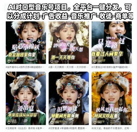 AI对口型音乐号项目，全平台一键分发，可以分成计划-广告收益-音乐推广-收徒-商单等-低成本创业项目大全｜短视频带货+AI副业变现｜知行创业网