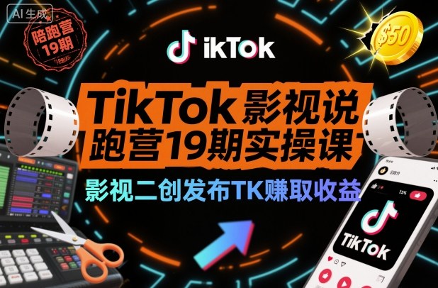 TikTok影视解说陪跑营19期实操课，影视二创发布TK賺取收益，万播收益50美金-低成本创业项目大全｜短视频带货+AI副业变现｜知行创业网