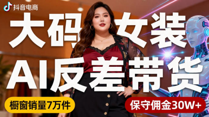 抖音小众赛道，大码女装AI反差带货，不用直播，每天6条作品，橱窗卖7万件，保守佣金30W+-低成本创业项目大全｜短视频带货+AI副业变现｜知行创业网