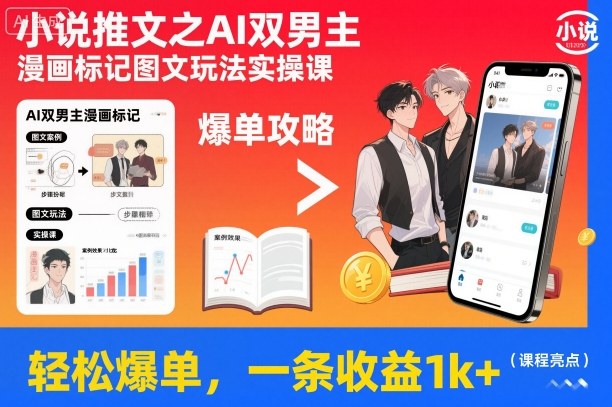 小说推文之AI双男主漫画标记图文玩法实操课，轻松爆单，一条收益1k+-低成本创业项目大全｜短视频带货+AI副业变现｜知行创业网