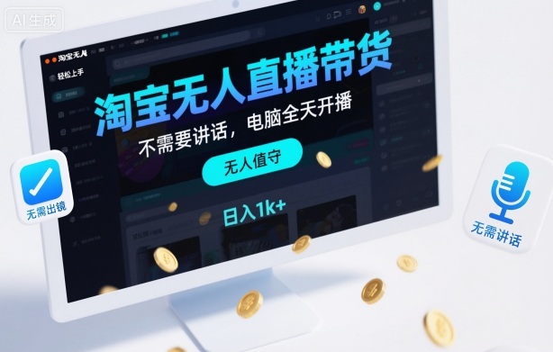淘宝无人直播带货，不需要出镜，不需要讲话，电脑全天开播，轻松上手，日入1k+【揭秘】-低成本创业项目大全｜短视频带货+AI副业变现｜知行创业网