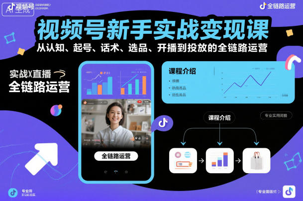 视频号新手实战变现课，从认知、起号、话术、选品、开播到投放的全链路运营-低成本创业项目大全｜短视频带货+AI副业变现｜知行创业网