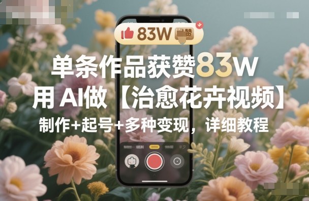 单条作品获赞83W,用AI做【治愈花卉视频】,制作+起号+多种变现,详细教程-低成本创业项目大全|短视频带货+AI副业变现|知行创业网