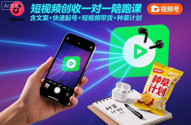 短视频创收一对一陪跑课，含文案+快速起号+短视频带货+种草计划-低成本创业项目大全｜短视频带货+AI副业变现｜知行创业网