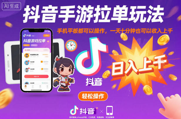 抖音手游拉单玩法，手机平板都可以操作，一天十分钟也可以收入上K【揭秘】-低成本创业项目大全｜短视频带货+AI副业变现｜知行创业网