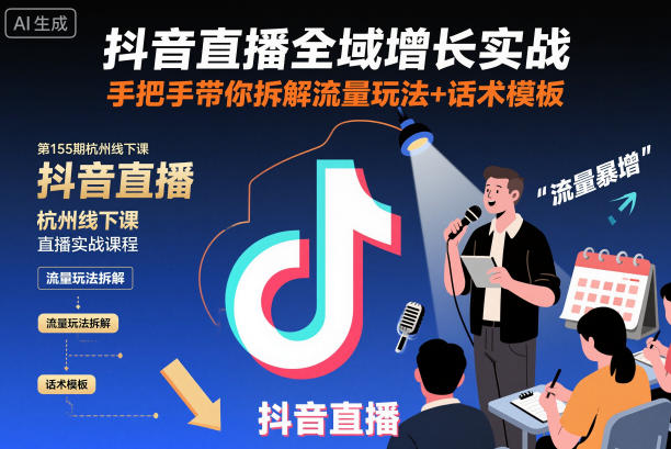 抖音直播全域增长实战第155期杭州线下课，手把手带你拆解流量玩法+话术模板-低成本创业项目大全｜短视频带货+AI副业变现｜知行创业网