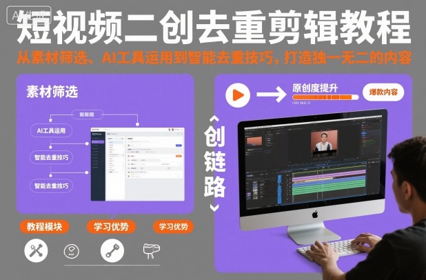 短视频二创去重剪辑教程，从素材筛选、AI工具运用到智能去重技巧，打造独一无二的内容-低成本创业项目大全｜短视频带货+AI副业变现｜知行创业网
