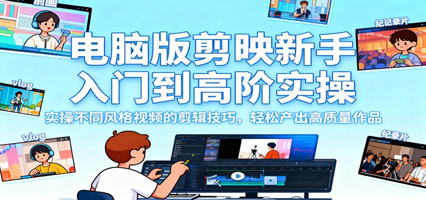 电脑版剪映新手入门到高阶实操,实操不同风格视频的剪辑技巧,轻松产出高质量作品-低成本创业项目大全|短视频带货+AI副业变现|知行创业网