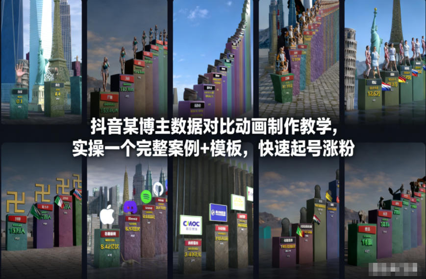 抖音某博主数据对比动画制作教学，实操完整案例+模板，快速起号涨粉-低成本创业项目大全｜短视频带货+AI副业变现｜知行创业网